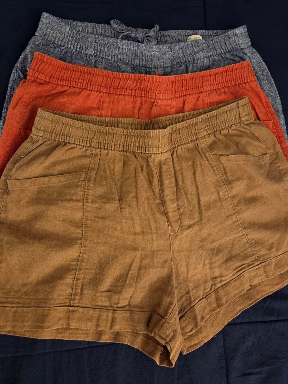 Set Of 3. Old Navy Medium Linen Blend Shorts-Chambray Blue, Brown & Rusty Red